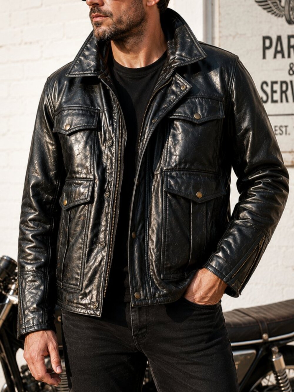 Men's Black Leather Jacket - Classic Field Style